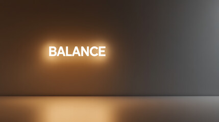 Illuminated 'BALANCE' text against a gradient wall symbolizes equilibrium. The smooth surface reflects light, enhancing the concept of stability and harmony. Minimalist design.