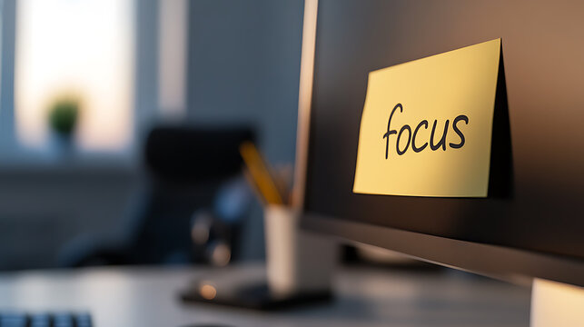 A close-up shot of a computer screen with a yellow sticky note attached, displaying the word 'focus' in a simple, handwritten font, promoting concentration and productivity in an office.