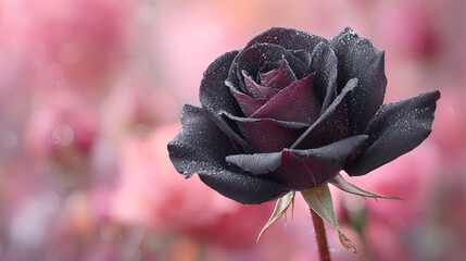  a single black rose in extreme close-up, blurred pink background creating a romantic Valentine atmosphere.