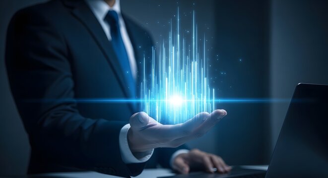 Businessman holding glowing digital data stream in his hand