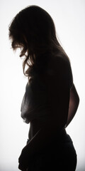Naklejka premium körper, frau, silhouette, leitbild, brust, schönheit, schwangerschaft, bauch, person, black, haar, gestalten, profil, back, dark, mama, abspecken, leute, abbildung, schatten, kunst, atelier, sinnlich