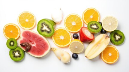 Assortment of Fresh Citrus Fruits and Kiwi Slices on White Background.