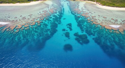 Aerial View of Pristine Tropical Coral Reef and Turquoise Ocean Coastline