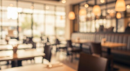 Blurred image of a restaurant interior with tables, chairs, and ambient lighting, creating a cozy atmosphere