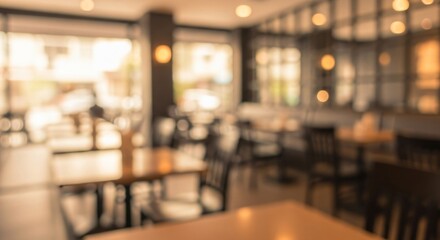 Blurred interior of a restaurant with tables and chairs in warm light, creating a cozy atmosphere