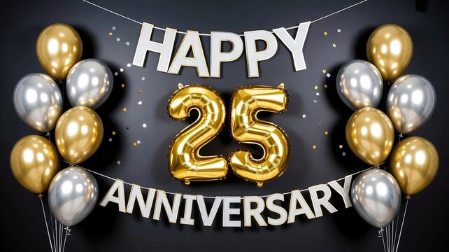 Luxurious and festive digital illustration featuring large golden foil balloons shaped as the number "25", surrounded by shimmering metallic gold and silver balloons.