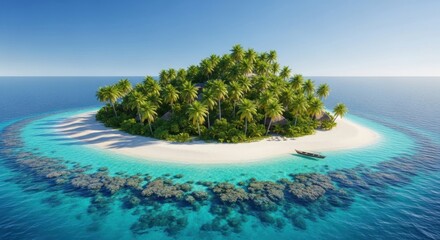 Pristine Tropical Island Paradise: Aerial View of White Sand Beach, Palm Trees, and Turquoise Coral Waters