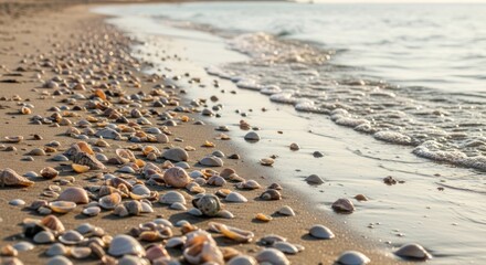 Natural Seashells on a Golden Hour Beach Shoreline with Gentle Ocean Waves