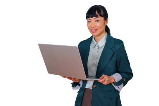 Asian businesswoman smiling and standing, holding laptop, managing business, working online with technology, transparent background