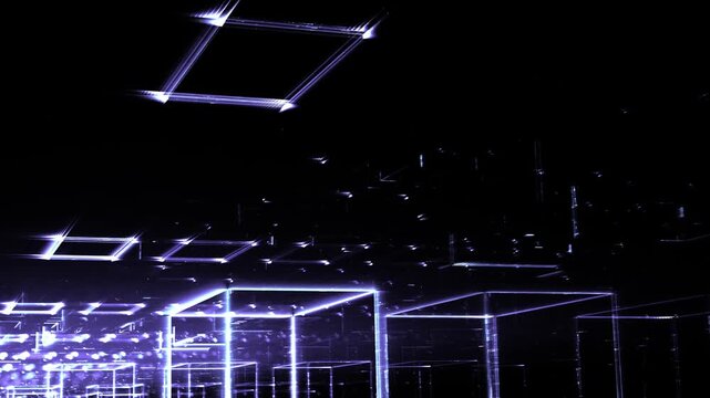 Leuchtende gitterf&ouml;rmige Geometrie f&uuml;r Technologie, Energie, Produktion & Datentransfer &ndash; moderne Architektur, Planung & Sicherheit visualisiert, violett, lila
