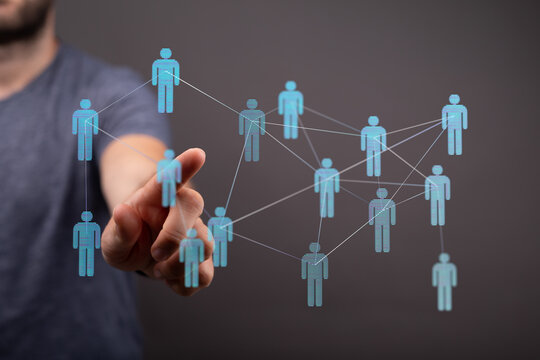 Digital network with connected people, showing interaction and communication. Illustrating community, teamwork,