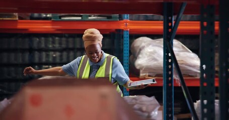 Distribution, dancing and black woman with tablet, excited and job promotion with logistics. African person, movement and employee with achievement, bonus and celebration with supply chain and smile