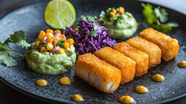 Plating technique featuring premium golden-crusted fish fillets with avocado corn salsa, purple cabbage slaw, and fresh cilantro on dark slate plate