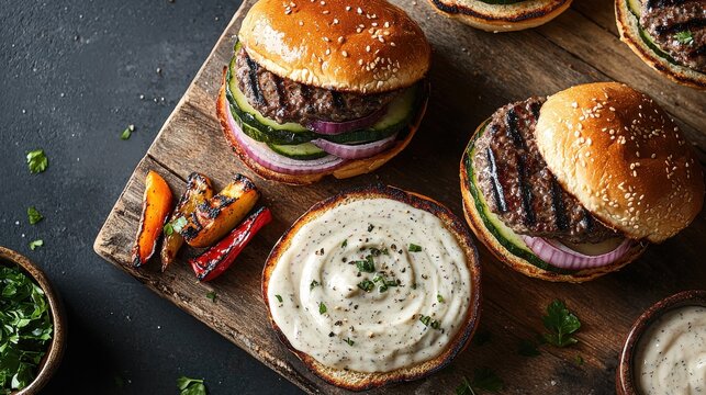 Premium gourmet burgers with creamy garlic aioli sauce artisanal sesame buns grilled beef patties fresh vegetables wooden cutting board restaurant quality
