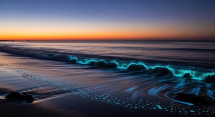 Bioluminescent Ocean Waves Sparkle on a Dark Beach at Dusk