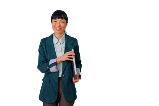 Asian businesswoman smiling and holding a laptop, showing confidence and professional success on a transparent background