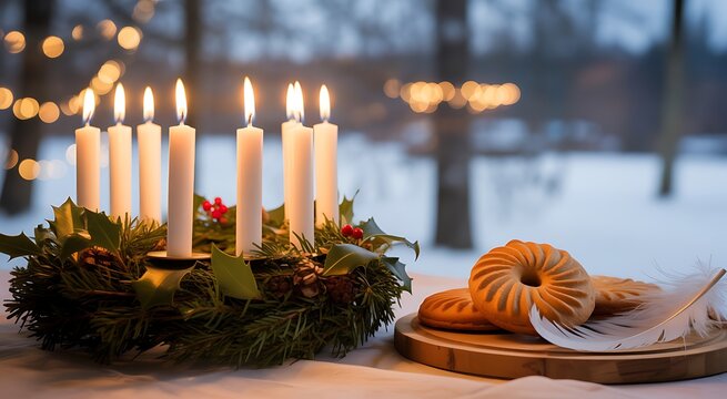 Cozy winter scene with a lit advent wreath and festive christmas cookies on a table by a snowy window - Powered by Adobe