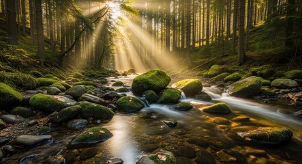 Golden Sunbeams Illuminate a Pristine Forest Stream with Lush Mossy Rocks
