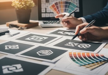 Graphic designer meticulously selects colors for new brand logo