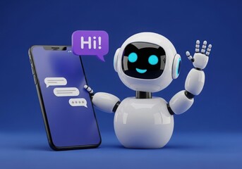 Robot chatbot waving with smartphone showing 'hi!' chat message
