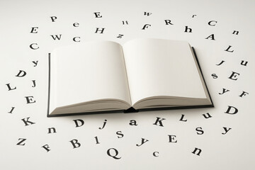 Open Blank Book Surrounded by Floating Letters on White Background