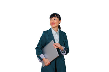 Asian businesswoman holding a laptop, smiling confidentially, looking away, reflecting leadership, success, and professionalism