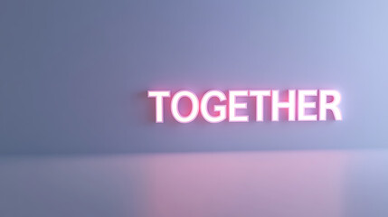 Illuminated 'TOGETHER' against soft backdrop. Represents unity, collaboration, and shared experiences. A bright symbol of connection in muted surroundings.