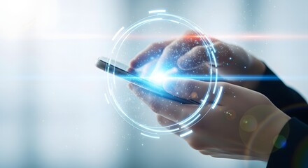 Hands holding smartphone with futuristic digital interface overlay