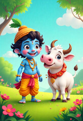 Cute Cartoon Boy with a Cow in a Colorful Nature Scene &ndash; Fun Children&rsquo;s Illustration