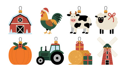 Fototapeta premium Festive Farm Ornaments: A charming array of Christmas ornaments featuring a barn, rooster, cow, sheep, pumpkin, tractor, hay bales, and windmill.