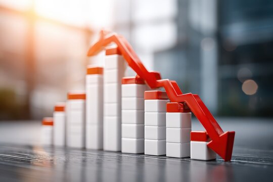 Red arrow illustrating severe financial market decline on a bar chart.