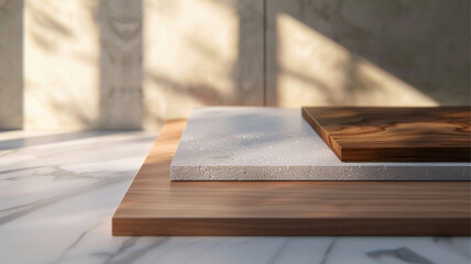 Luxury material samples fading into soft shadow, warm indirect light dimming, wood and marble returning to calm matte texture.