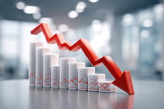 Red arrow descending bar chart, symbolizing significant financial market decline.