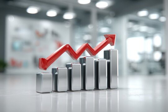Financial growth shown by a red arrow on a bar graph in a modern office environment.