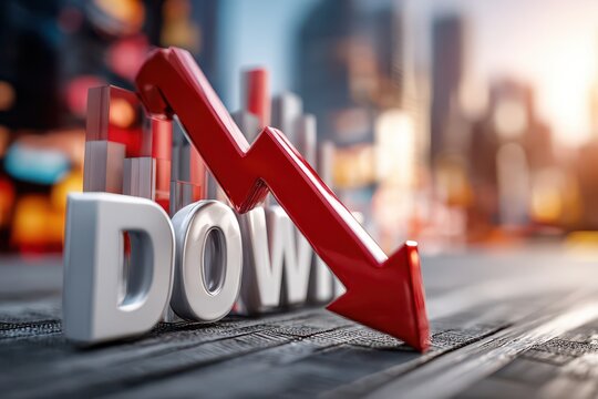 Sharp red arrow piercing through 'DOWN' text, symbolizing market decline and crisis.