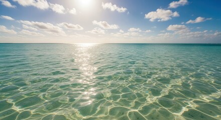 Crystal Clear Tropical Ocean Water with Shimmering Sunlight and Blue Sky Horizon