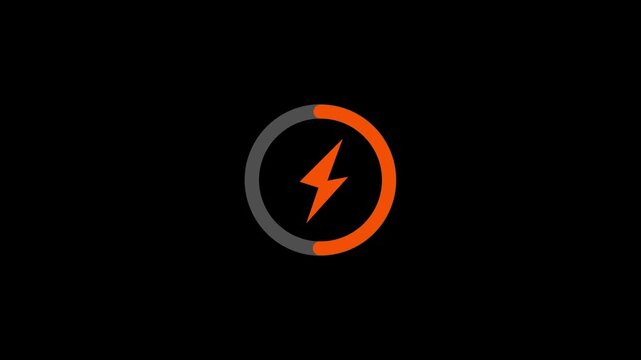 color battery charging power icon animation on black background.