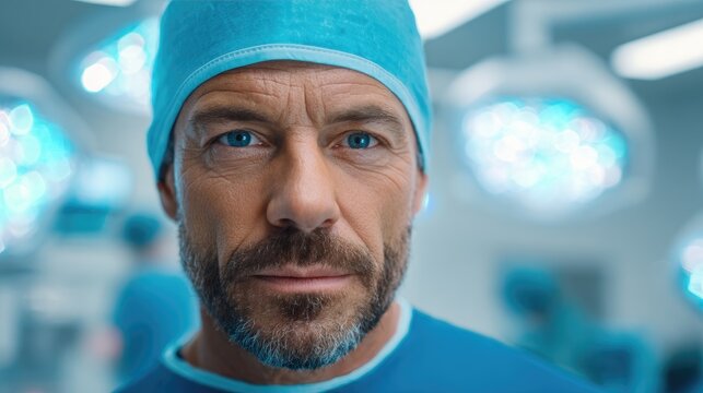 Male Surgeon with Holographic Surgical Interface in Neon Operating Room