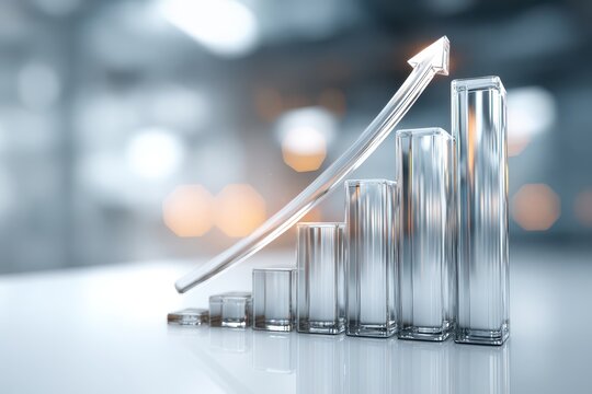 Abstract glass bar graph with an upward arrow symbolizing business growth and success. - Powered by Adobe