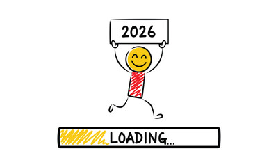 Excited stick figure running towards the year 2026 with a progress bar