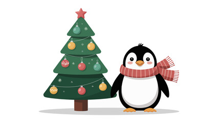 Festive Penguin and Christmas Tree: A charming penguin adorned with a cozy scarf stands beside a decorated Christmas tree, evoking the holiday spirit of joy, peace, and togetherness.