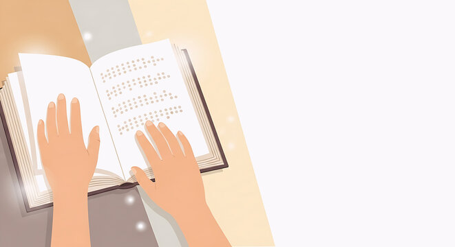 Minimalist flat vector illustration of hands reading a Braille book on a clean background, representing accessibility, learning, and support for people with visual impairments.