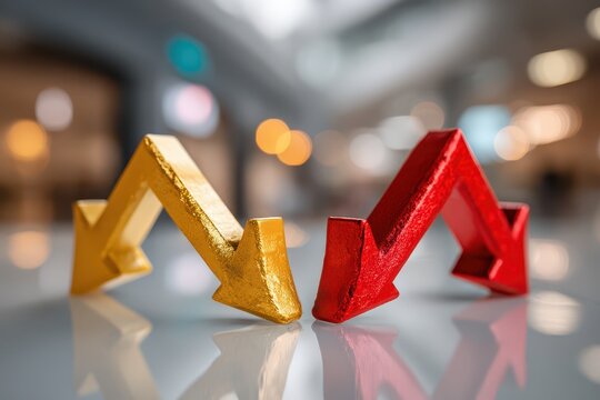 Gold and red arrows pointing down, illustrating market downturn and financial loss, reflecting a critical economic situation and future uncertainty in the market.