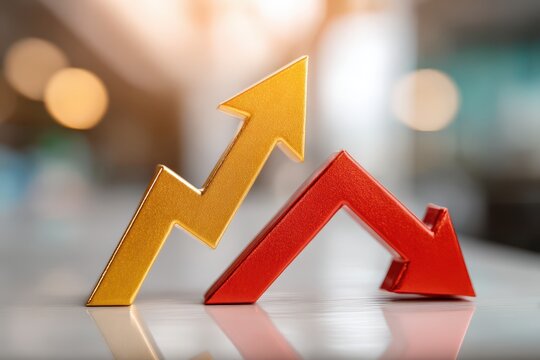 A compelling visual of gold and red arrows representing market trends, showcasing economic growth and potential downturns, against a soft, bokeh background.