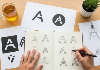Graphic designer sketching new branding logo ideas on wooden desk