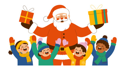 Joyful Gathering: Santa and children gathered to share gifts for a heartwarming holiday celebration.