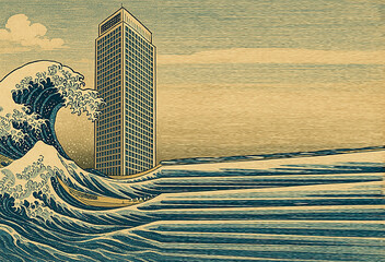 Woodblock print of a modern-day skyscraper, with a massive, stylized wave crashing dramatically in the foreground, blending old and new aesthetics.