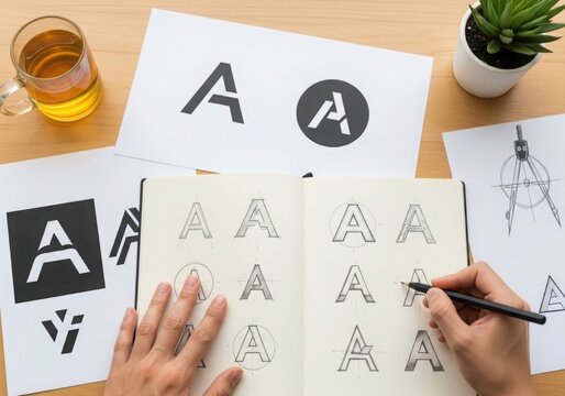 Graphic designer sketching new branding logo ideas on wooden desk