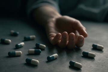 Conceptual Medical Emergency Theme With Pills Spilled Across Floor