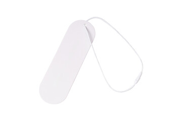 Blank white paper price tag or gift label with cord, isolated on a transparent PNG. High quality studio shot for retail, sales, and branding mockups.